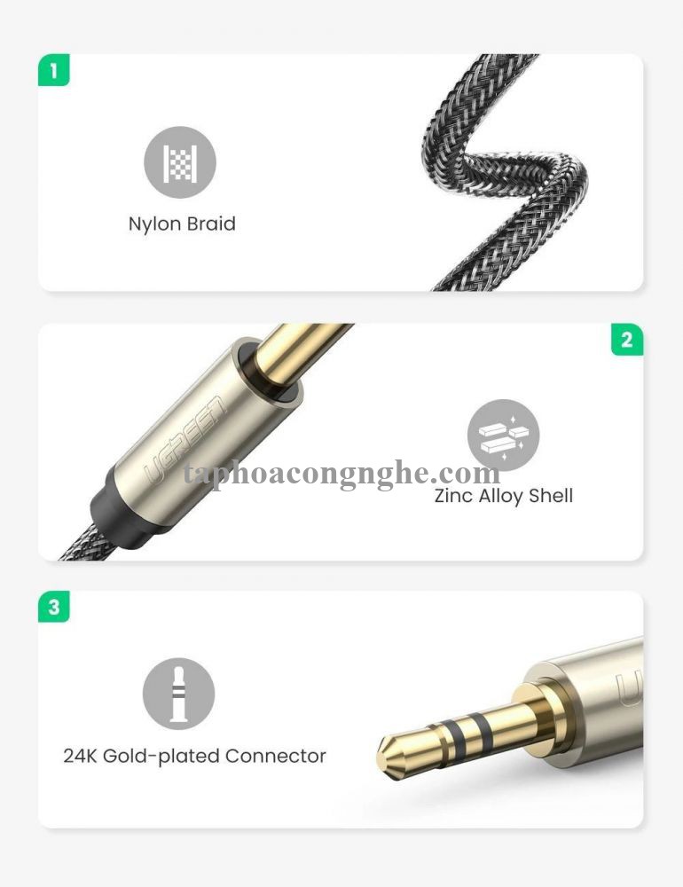 Ugreen 10630 5M màu xám đen cáp 3.5mm TRS ra 6.35mm TS Stereo Pro Audio mạ vàng 24K AV127 30010630